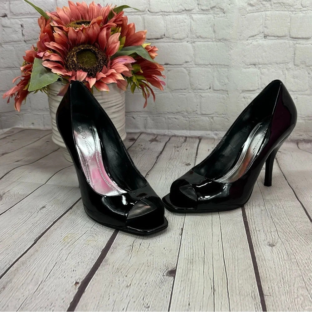 BCBGeneration black patent peep toe heels size 7.5